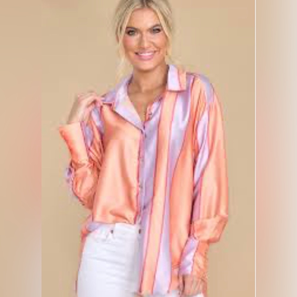 NWT stripe button down satin blouse in peach, purple and pink stripe, large